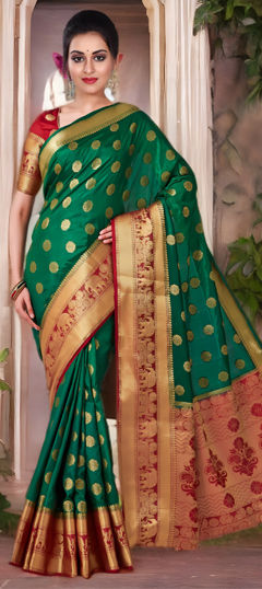Green color Saree in Kanjeevaram Silk fabric with Weaving, Zari, Zircon work