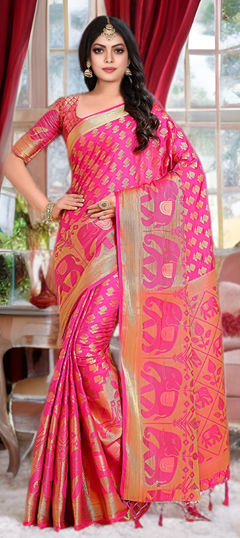 Pink and Majenta color Saree in Kanjeevaram Silk fabric with Weaving, Zari, Zircon work