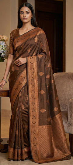 Beige and Brown color Saree in Banarasi Silk fabric with Weaving work