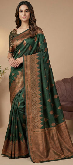 Green color Saree in Banarasi Silk fabric with Weaving work