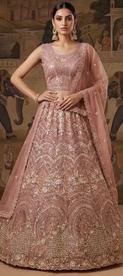 Pink and Majenta color Lehenga in Net fabric with Bugle Beads, Embroidered, Floral, Sequence, Thread, Zircon work