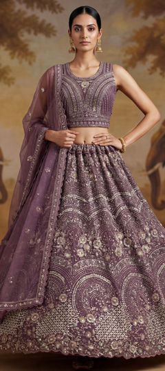 Purple and Violet color Lehenga in Net fabric with Bugle Beads, Embroidered, Floral, Sequence, Thread, Zircon work