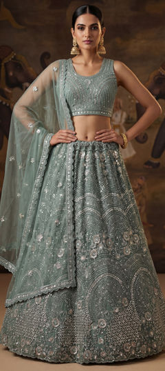 Green color Lehenga in Net fabric with Bugle Beads, Embroidered, Floral, Sequence, Thread, Zircon work