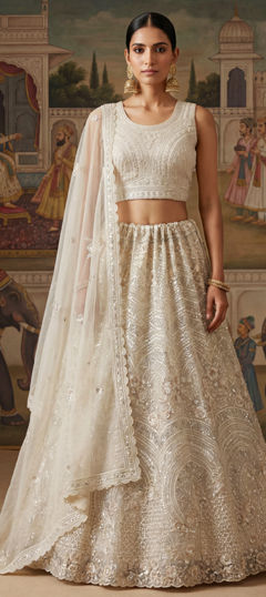 White and Off White color Lehenga in Net fabric with Bugle Beads, Embroidered, Floral, Sequence, Thread, Zircon work