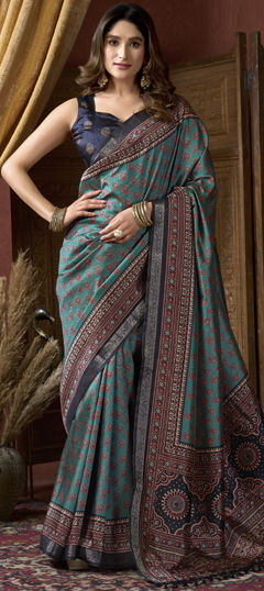 Green color Saree in Art Silk fabric with Printed, Weaving work