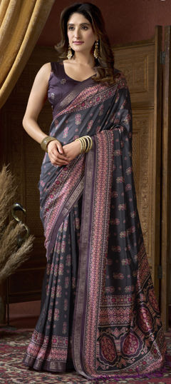 Black and Grey color Saree in Art Silk fabric with Printed, Weaving work