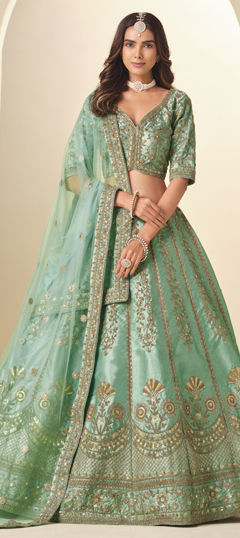 Green color Lehenga in Art Silk fabric with Embroidered, Thread work