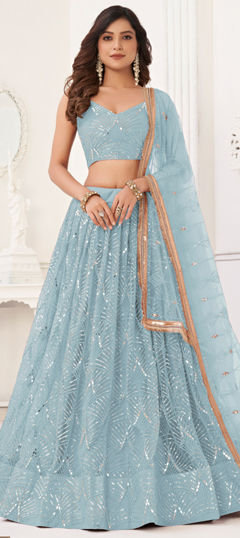 Blue color Lehenga in Net fabric with Embroidered, Sequence, Thread work