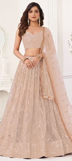 Pink and Majenta color Lehenga in Net fabric with Embroidered, Sequence, Thread work