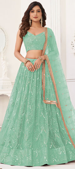 Green color Lehenga in Net fabric with Embroidered, Sequence, Thread work