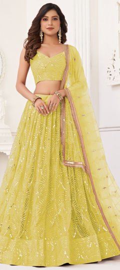 Yellow color Lehenga in Net fabric with Embroidered, Sequence, Thread work