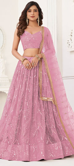 Pink and Majenta color Lehenga in Net fabric with Embroidered, Sequence, Thread work