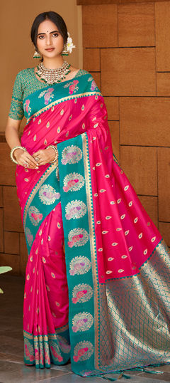 Pink and Majenta color Saree in Silk fabric with Weaving work