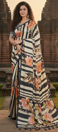 Black and Grey, White and Off White color Saree in Crepe Silk fabric with Digital Print work