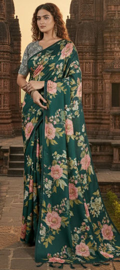 Black and Grey, White and Off White color Saree in Crepe Silk fabric with Digital Print work