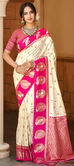 Beige and Brown color Saree in Silk fabric with Weaving work