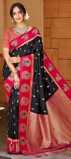Black and Grey color Saree in Silk fabric with Weaving work