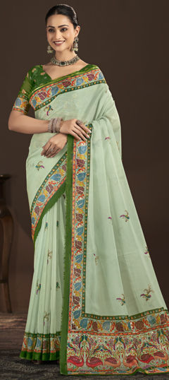 Green color Saree in Crepe Silk fabric with Digital Print, Foil Print work