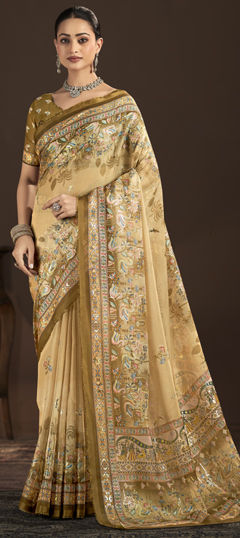 Beige and Brown color Saree in Crepe Silk fabric with Digital Print, Foil Print work