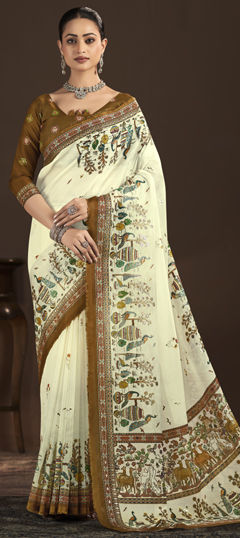 White and Off White color Saree in Crepe Silk fabric with Digital Print, Foil Print work
