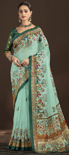 Blue color Saree in Crepe Silk fabric with Digital Print, Foil Print work