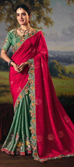 Green, Pink and Majenta color Saree in Silk fabric with Border, Embroidered, Sequence, Thread work