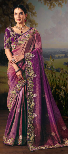 Pink and Majenta, Purple and Violet color Saree in Silk fabric with Border, Embroidered, Sequence, Thread work
