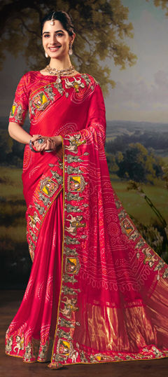 Pink and Majenta color Saree in Silk fabric with Bandhej, Border, Embroidered, Printed, Sequence, Thread work