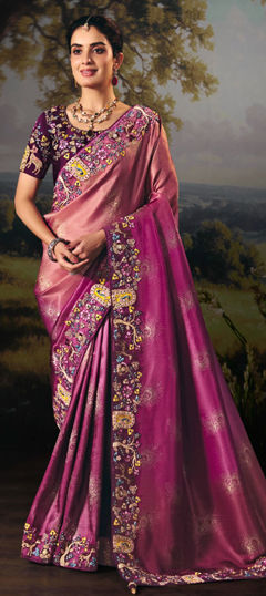Purple and Violet color Saree in Silk fabric with Border, Embroidered, Sequence, Thread work