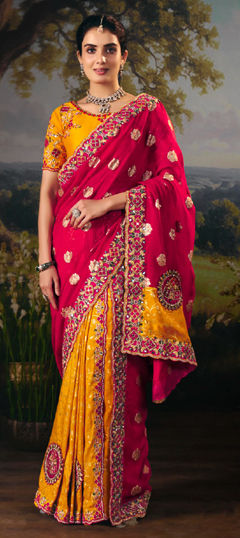 Pink and Majenta, Yellow color Saree in Silk fabric with Border, Embroidered, Sequence, Thread work