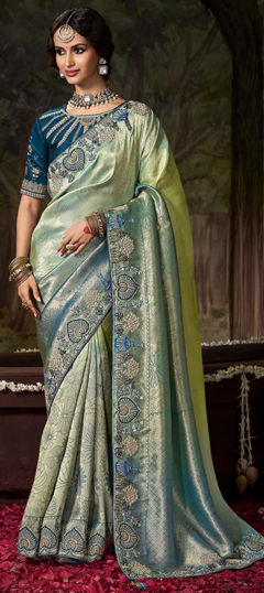Green color Saree in Silk fabric with Embroidered, Resham, Sequence, Thread, Zari work