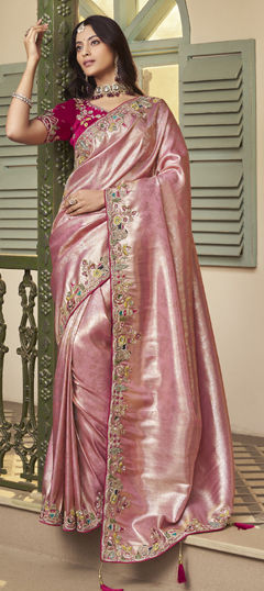 Pink and Majenta color Saree in Jacquard fabric with Bugle Beads, Embroidered, Sequence, Thread work