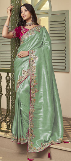 Green color Saree in Jacquard fabric with Bugle Beads, Embroidered, Sequence, Thread work
