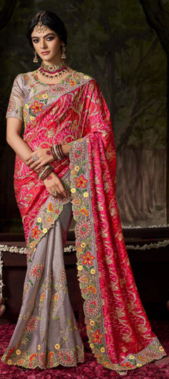 Black and Grey, Pink and Majenta color Saree in Silk fabric with Embroidered, Resham, Sequence, Thread, Zari work