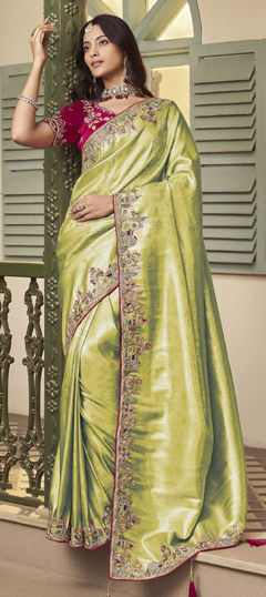 Green color Saree in Jacquard fabric with Bugle Beads, Embroidered, Sequence, Thread work
