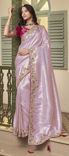 Purple and Violet color Saree in Jacquard fabric with Bugle Beads, Embroidered, Sequence, Thread work