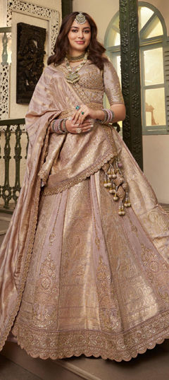 Pink and Majenta color Lehenga in Banarasi Silk fabric with Cut Dana, Embroidered, Sequence, Thread, Zari, Zircon work