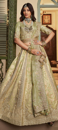 Beige and Brown color Lehenga in Banarasi Silk fabric with Cut Dana, Embroidered, Sequence, Thread, Zari, Zircon work