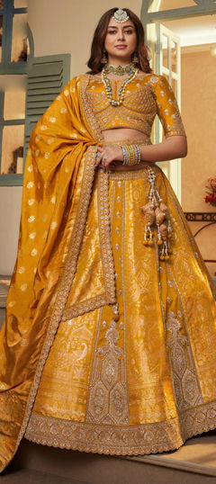 Yellow color Lehenga in Banarasi Silk fabric with Cut Dana, Embroidered, Sequence, Thread, Zari, Zircon work