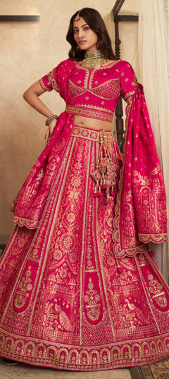 Pink and Majenta color Lehenga in Banarasi Silk fabric with Cut Dana, Embroidered, Sequence, Thread, Zari, Zircon work
