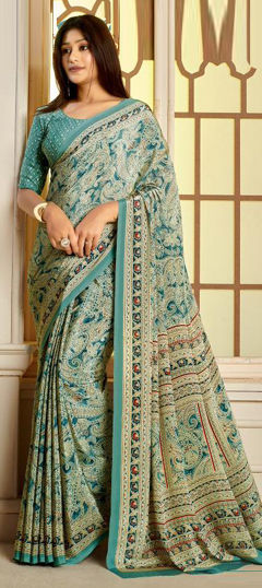 Blue color Saree in Faux Georgette fabric with Printed work