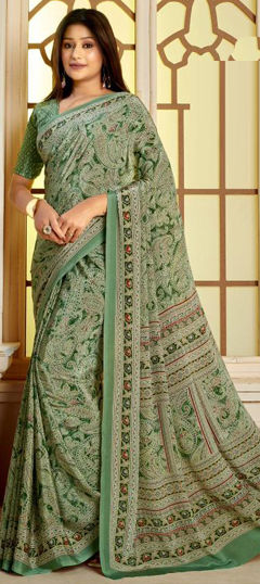 Green color Saree in Faux Georgette fabric with Printed work