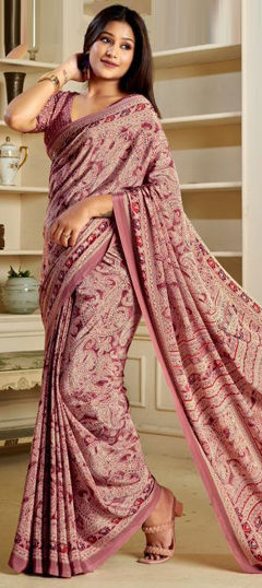 Pink and Majenta color Saree in Faux Georgette fabric with Printed work