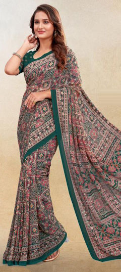 Green color Saree in Faux Georgette fabric with Printed work