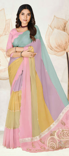 Multicolor color Saree in Tissue fabric with Embroidered, Stone, Thread work