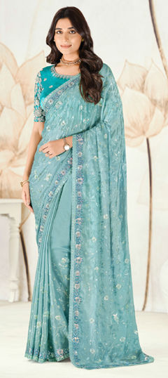 Blue color Saree in Silk fabric with Embroidered, Sequence, Thread work