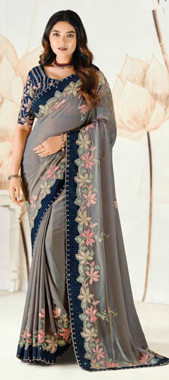Black and Grey color Saree in Silk fabric with Embroidered, Sequence, Thread, Zircon work
