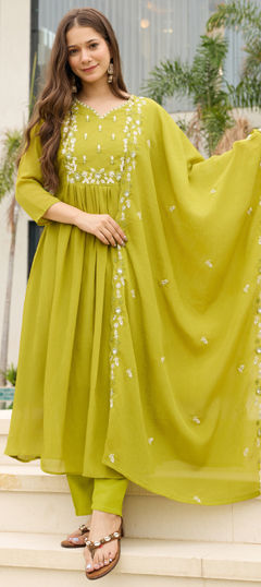 Yellow color Salwar Kameez in Chinon Silk fabric with Embroidered work