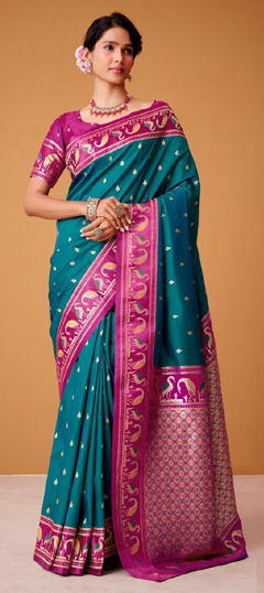 Blue color Saree in Satin Silk fabric with Weaving work