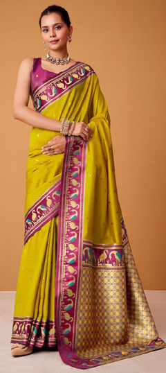 Yellow color Saree in Satin Silk fabric with Weaving work